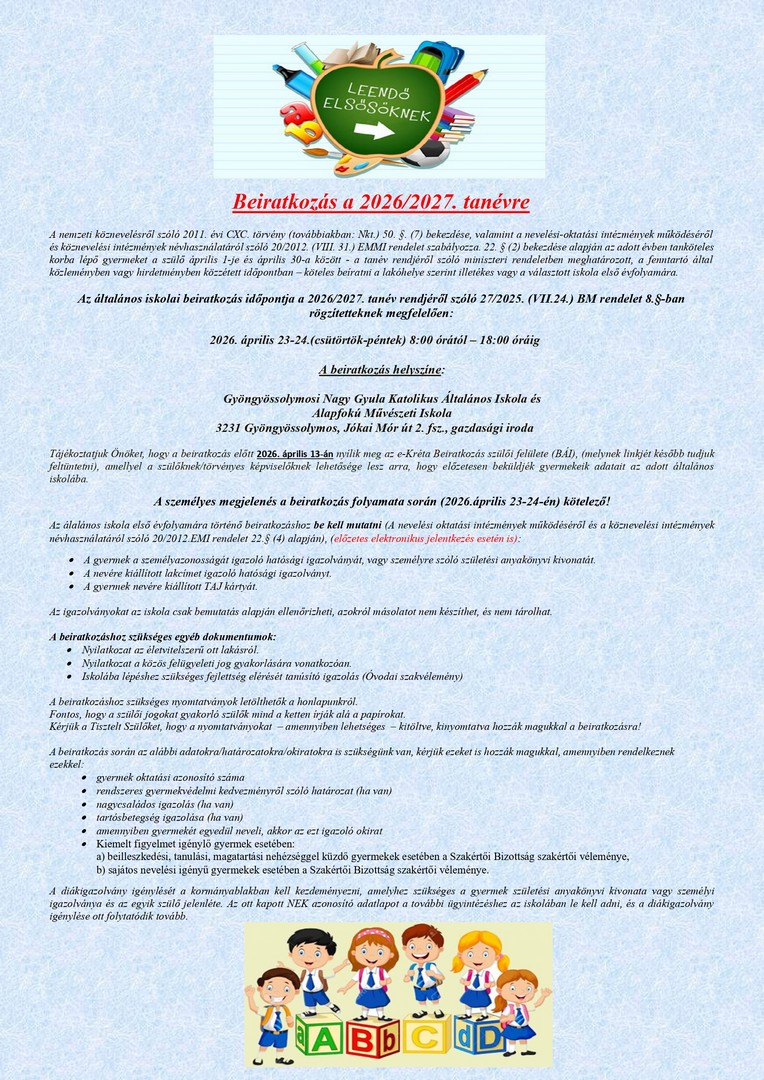 Beiratkozás a 2026/2027. tanévre