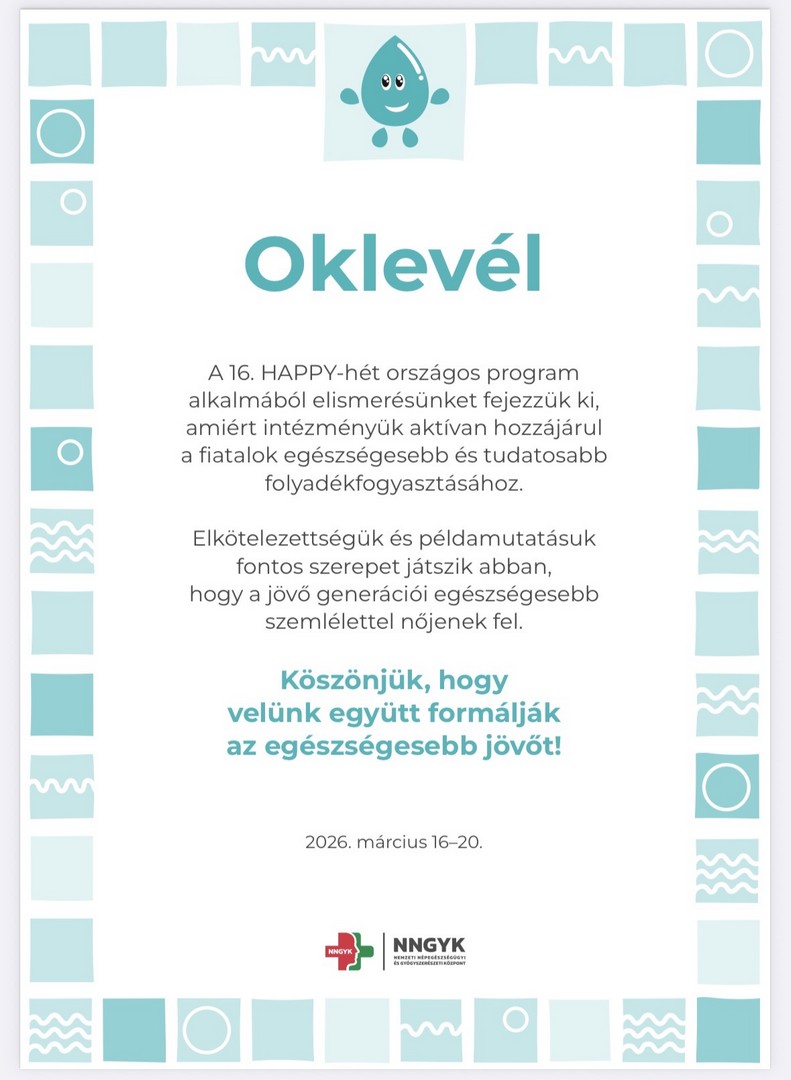 16. HAPPY-hét Oklevél
